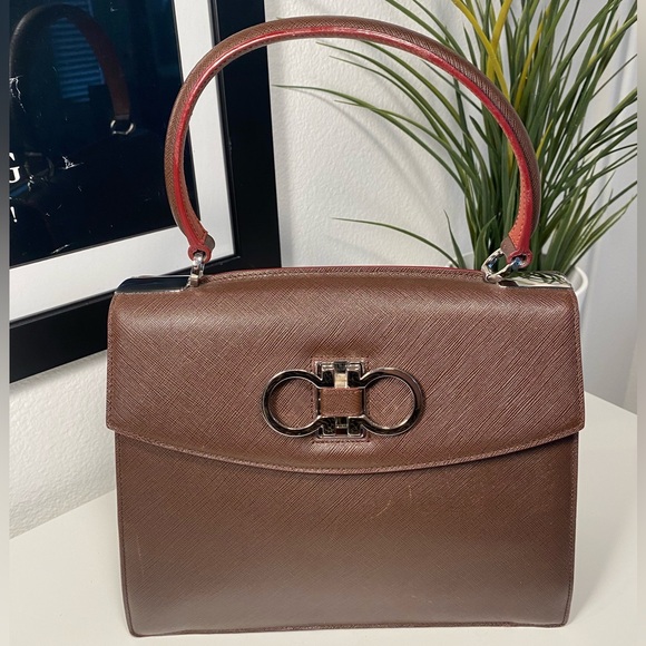 Salvatore Ferragamo Handbags - Rare Vintage Salvatore Ferragamo Double Gancini Large Saffiano Leather Bag